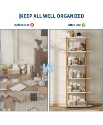 6-Tier Wooden Bookshelf, 71" Industrial Tall Bookcase with Metal Frame