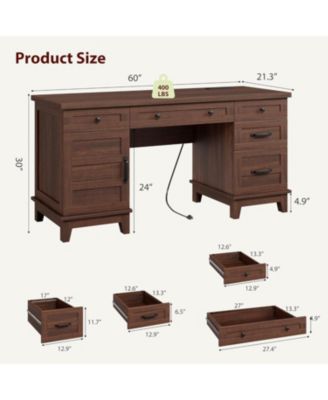 60" Farmhouse Executive Desk with File Drawers, Charging Station, Cabinet Storage, Home Office Computer Writing Desk