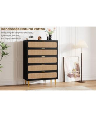 Rattan 5-Drawer Tall Dresser, Large Storage Chest with Deep Drawers and Wide Top for Bedroom, Closet or Hallway
