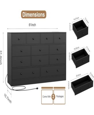 12 Drawer Dresser with Power Outlet, 61 Inch Wide Wood Chest of Drawers