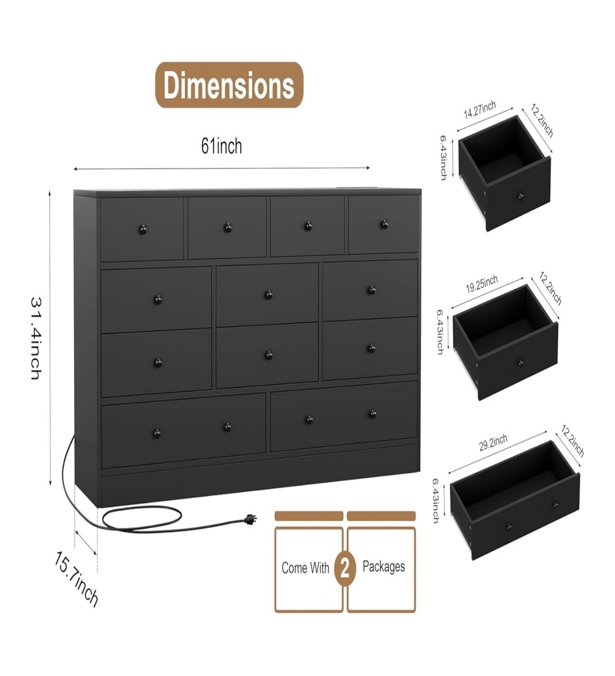 Gaomon 12 Drawer Dresser with Power Outlet, 61 Inch Wide Wood Chest of Drawers