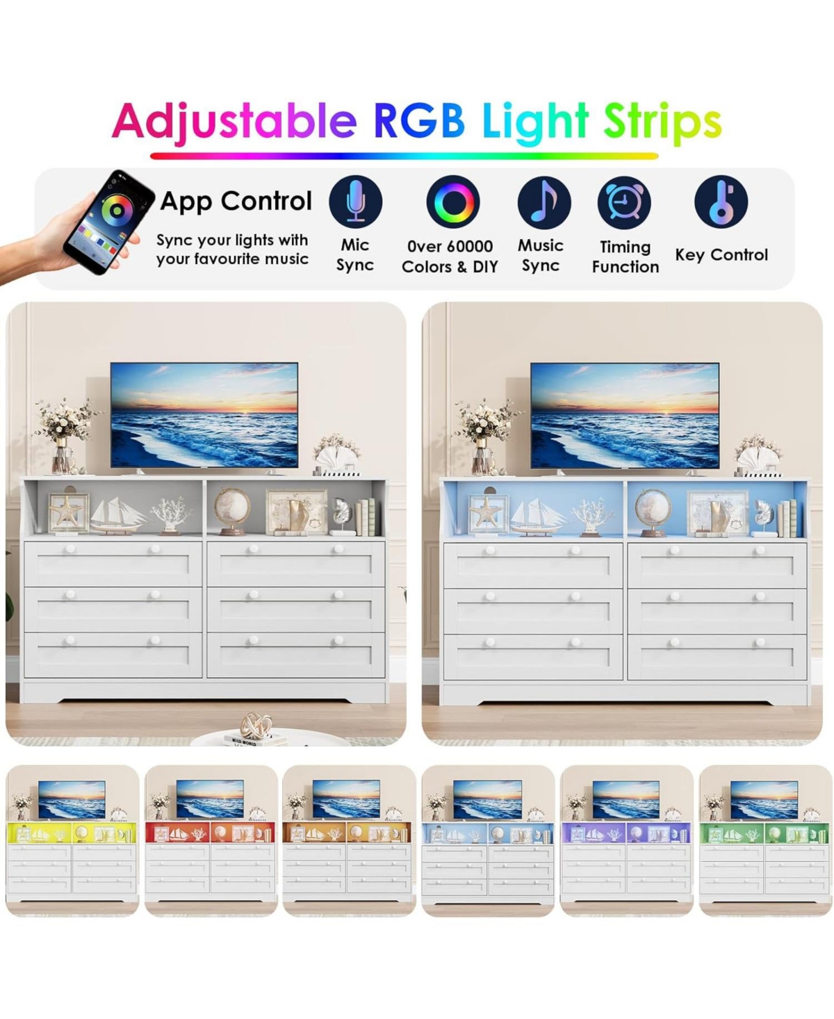 gaomon 6-Drawer Wooden Built-In Power Outlet, Led Light, Handles and Tv Stand Design Dresser
