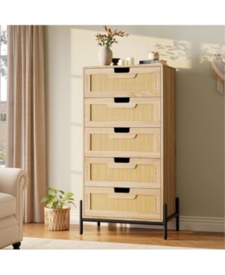 5-Drawer Rattan & Wood Farmhouse Cabinet with Metal Legs – Modern Dresser