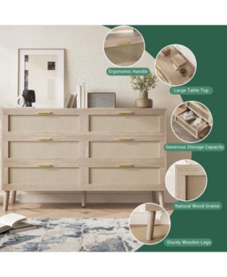 6-Drawer Oak Finish Natural Rattan Gold Metal Handles Farmhouse Style, Ample Storage, Durable Construction, Anti-Tip Safety Dresser