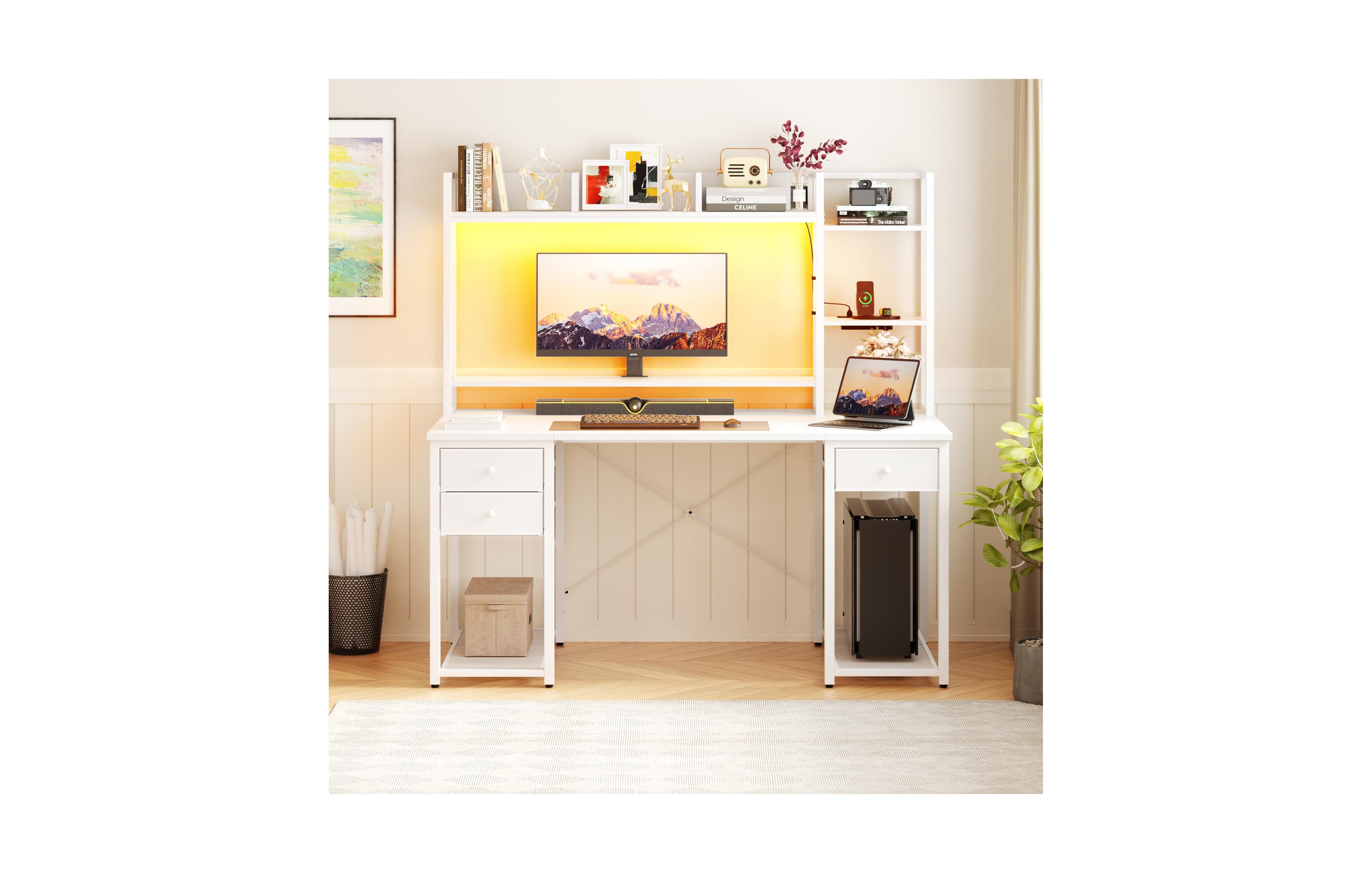Aheaplus 47-55 inch Computer Desk with with 3 Drawers and Storage Shelves