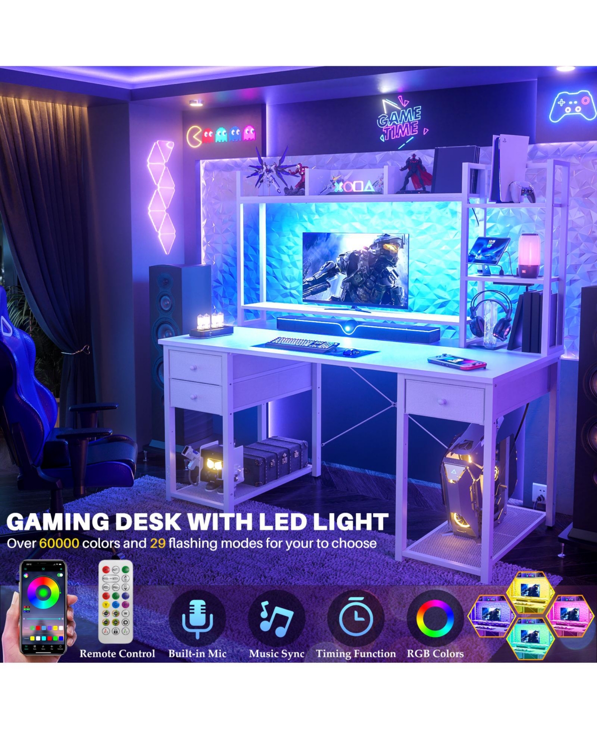 Aheaplus 47-55 inch Computer Desk with 3 Drawers and Storage Shelves