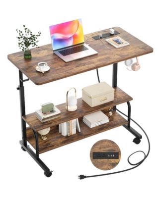 Small Height Adjustable Standing Desk with Power Outlets and Shelves, Max Height 41 Inches
