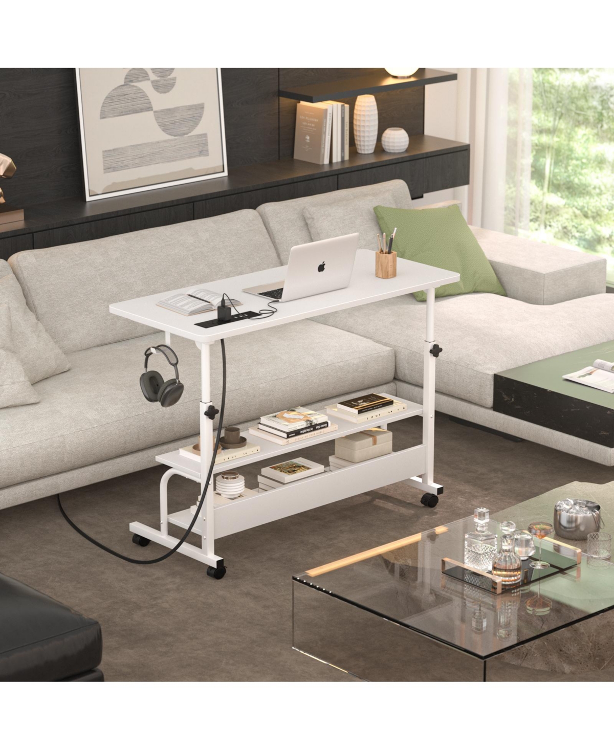 Aheaplus Small Height Adjustable Standing Desk with Power Outlets and Shelves, Max 41 Inches