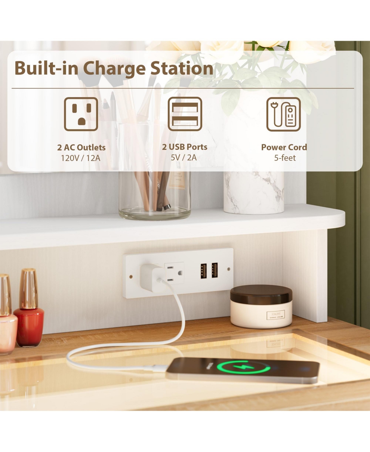 gaomon Drawer Dresser with Mirror Charge Station and Led Strip,4 Drawer Cabinet with Cristal Knobs,Modern Makeup Vanity Table