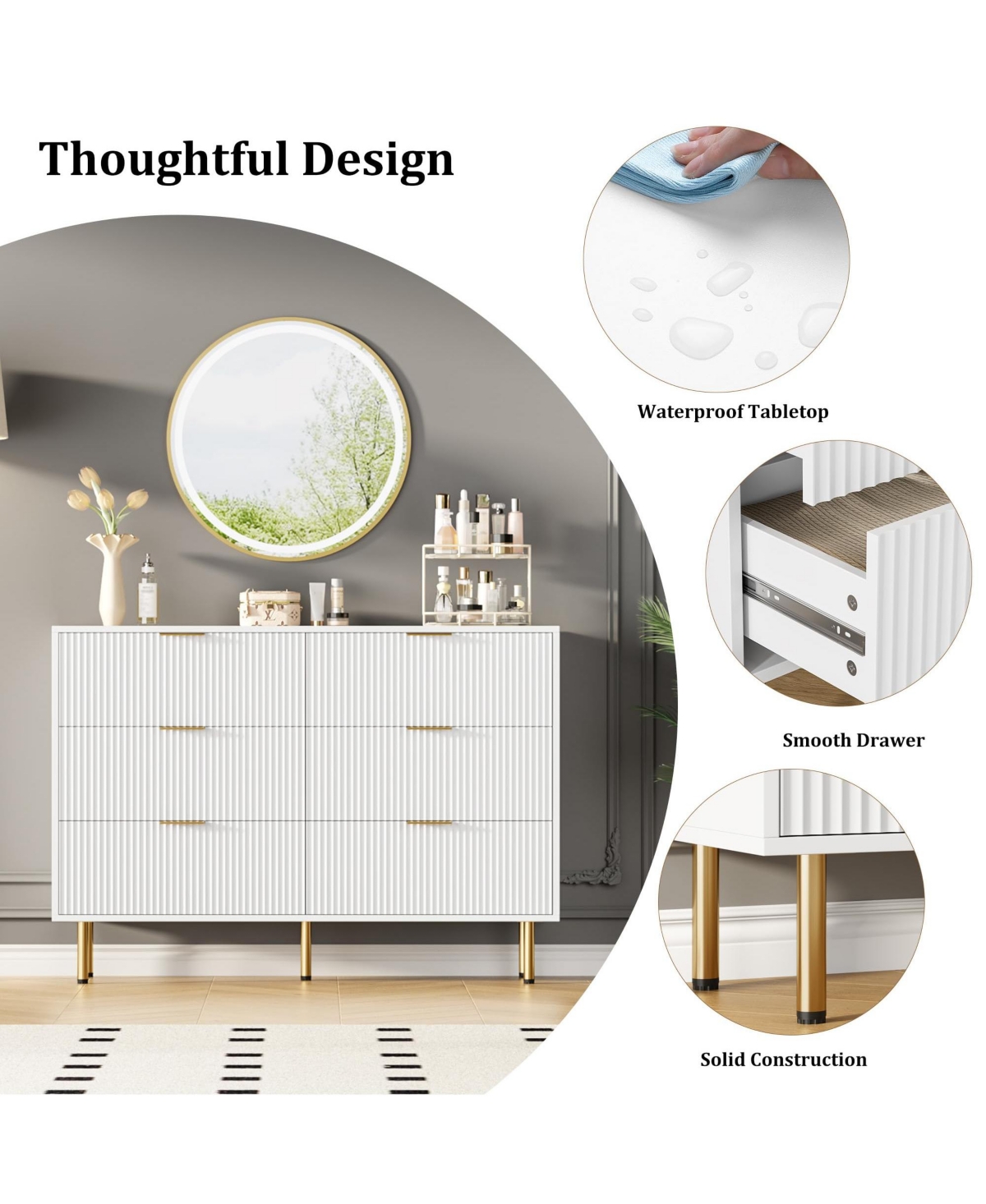 Gaomon Fluted Wood Dresser 6 Drawers Dresser for Bedroom, Large Modern Chest of Drawers, Brown Dresser