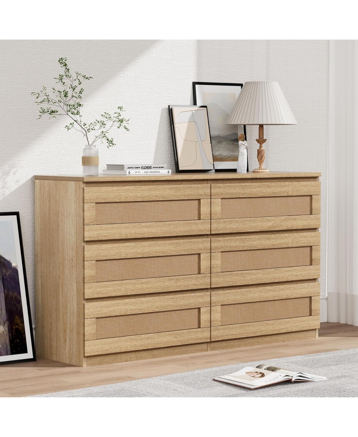 gaomon Rattan 6-Drawer Bedroom Dresser, Wide Wood Chest with Smooth Slide Rails and Anti-Tip Kit