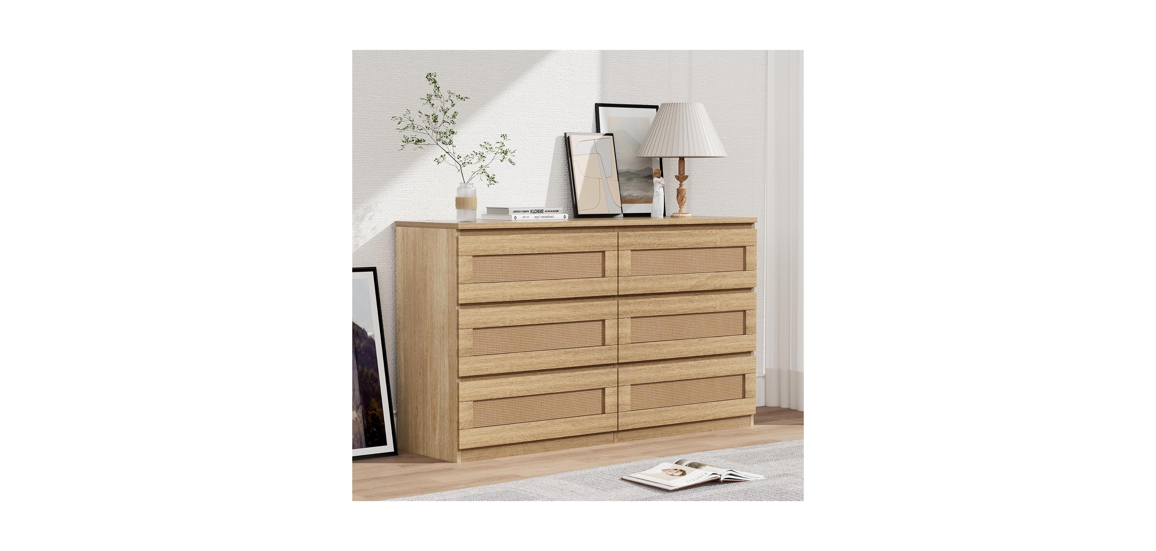 gaomon Rattan 6-Drawer Bedroom Dresser, Wide Wood Chest with Smooth Slide Rails and Anti-Tip Kit