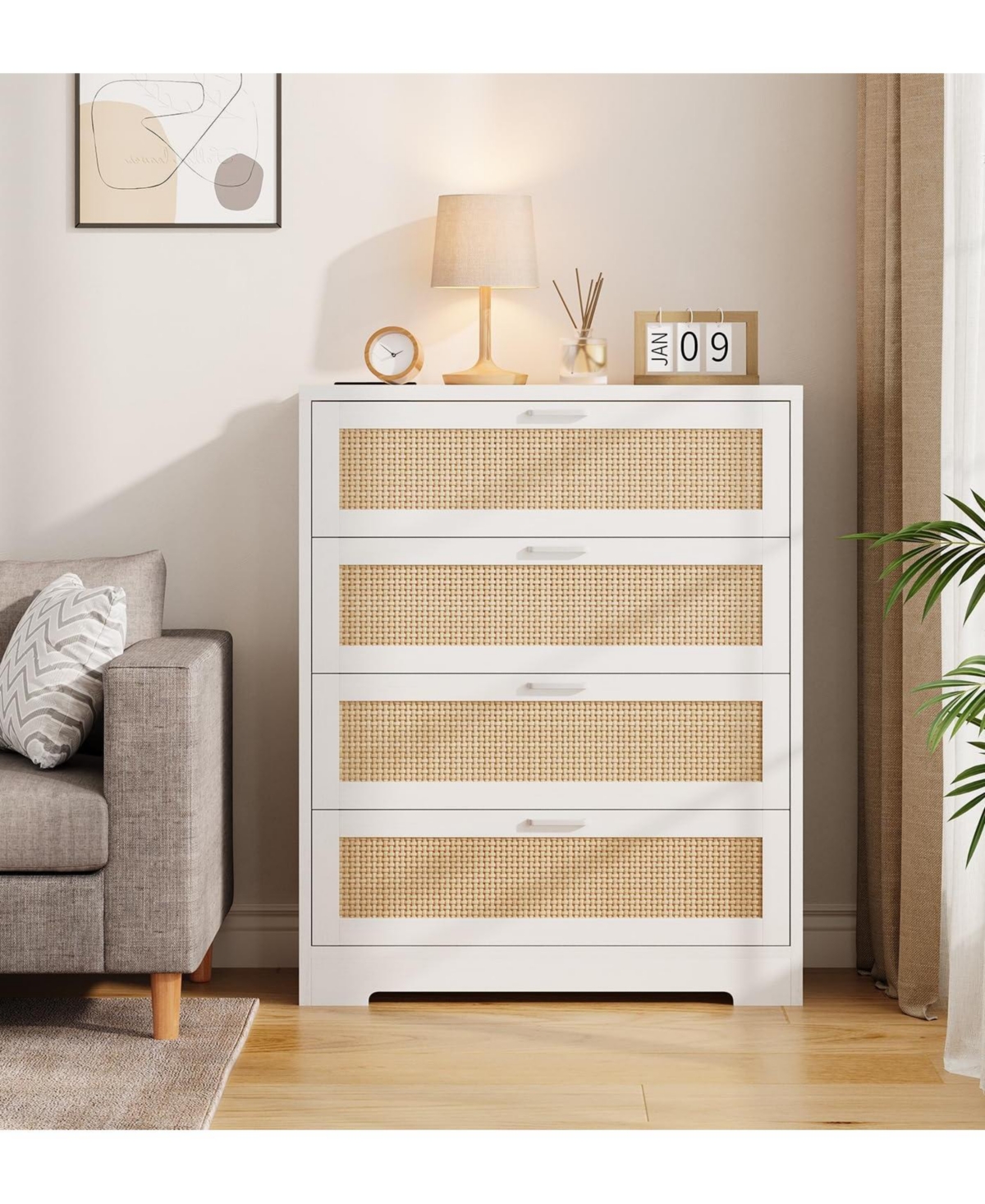 Gaomon Modern Rattan 4-Drawer Wood Dresser with Power Station, Tall Storage Chest for Bedroom, Hallway, Entryway, or Living Room