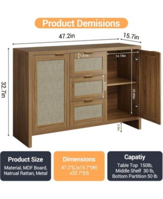 47" Rattan Sideboard Cabinet, Boho Credenza with Drawers & Doors, Coffee Bar Storage for Entryway/Living Room
