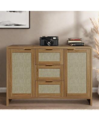 "47.2-Inch Rattan Buffet Sideboard Cabinet, Boho Credenza with Drawers & Doors, Wooden Coffee Bar Storage for Entryway or Living Room"