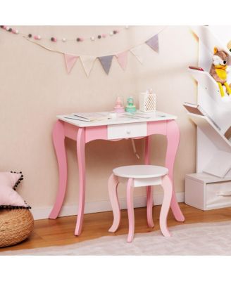 Kids Vanity Table Stool Set Pretend Play Makeup Desk with Whiteboard Markers