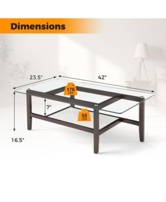 2-Tier Glass Coffee Table w/ Storage Shelf Solid Rubber Wood Legs for Office