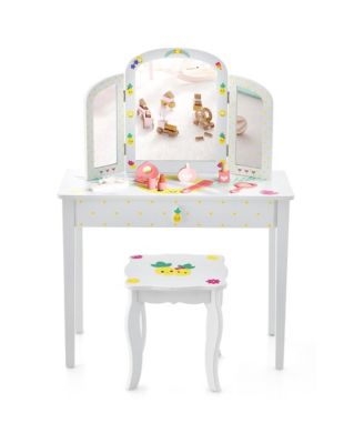 Kids Vanity Table Set Tri-Folding Mirror Pretend Play Dressing Large Drawer