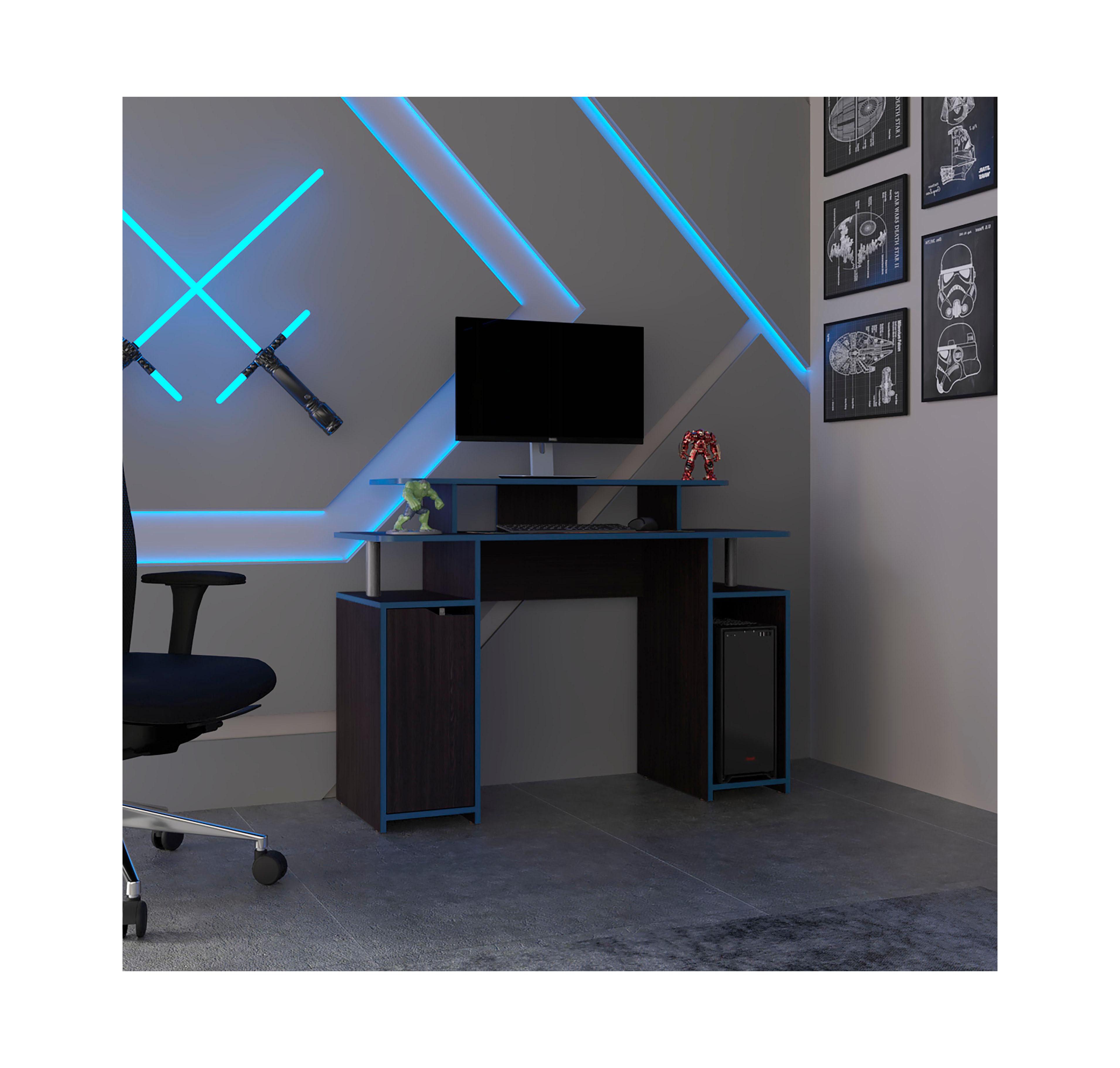 Flynama Wengue Gaming Desk with Blue Accents Six Shelves and Storage Door Compact Design for Organized Gaming Setups