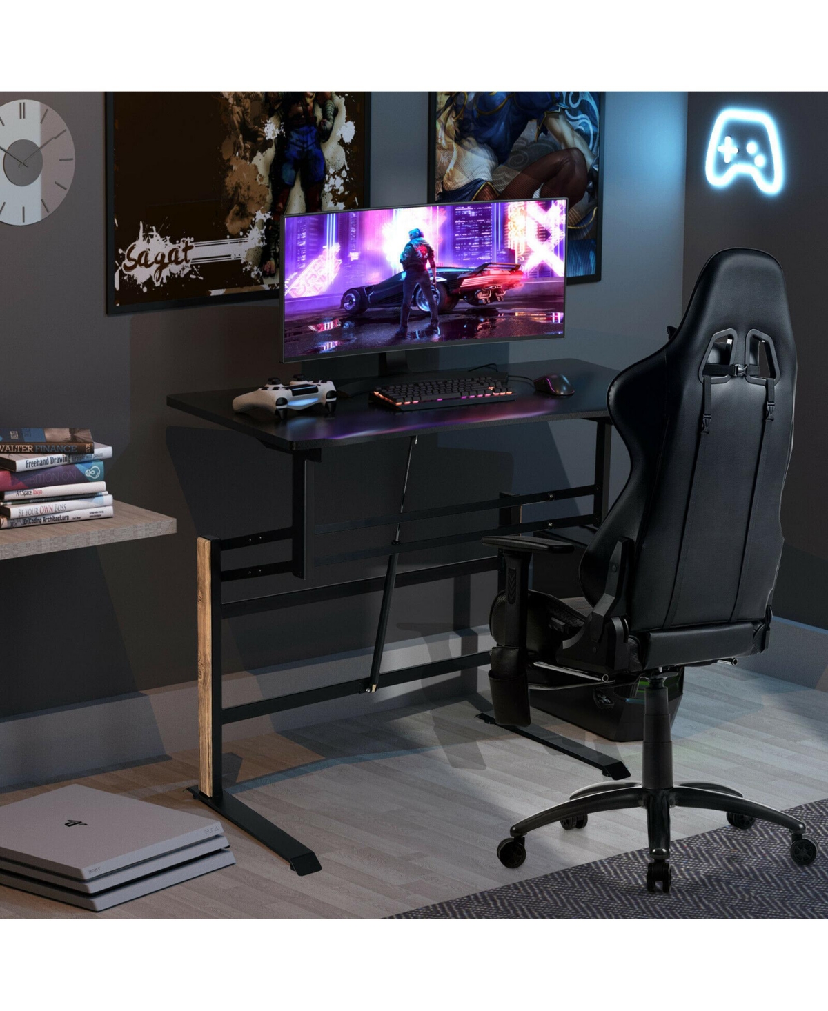 Gymax Pneumatic Height Adjustable Gaming Desk T Shaped Game Station w/Power Strip Tray