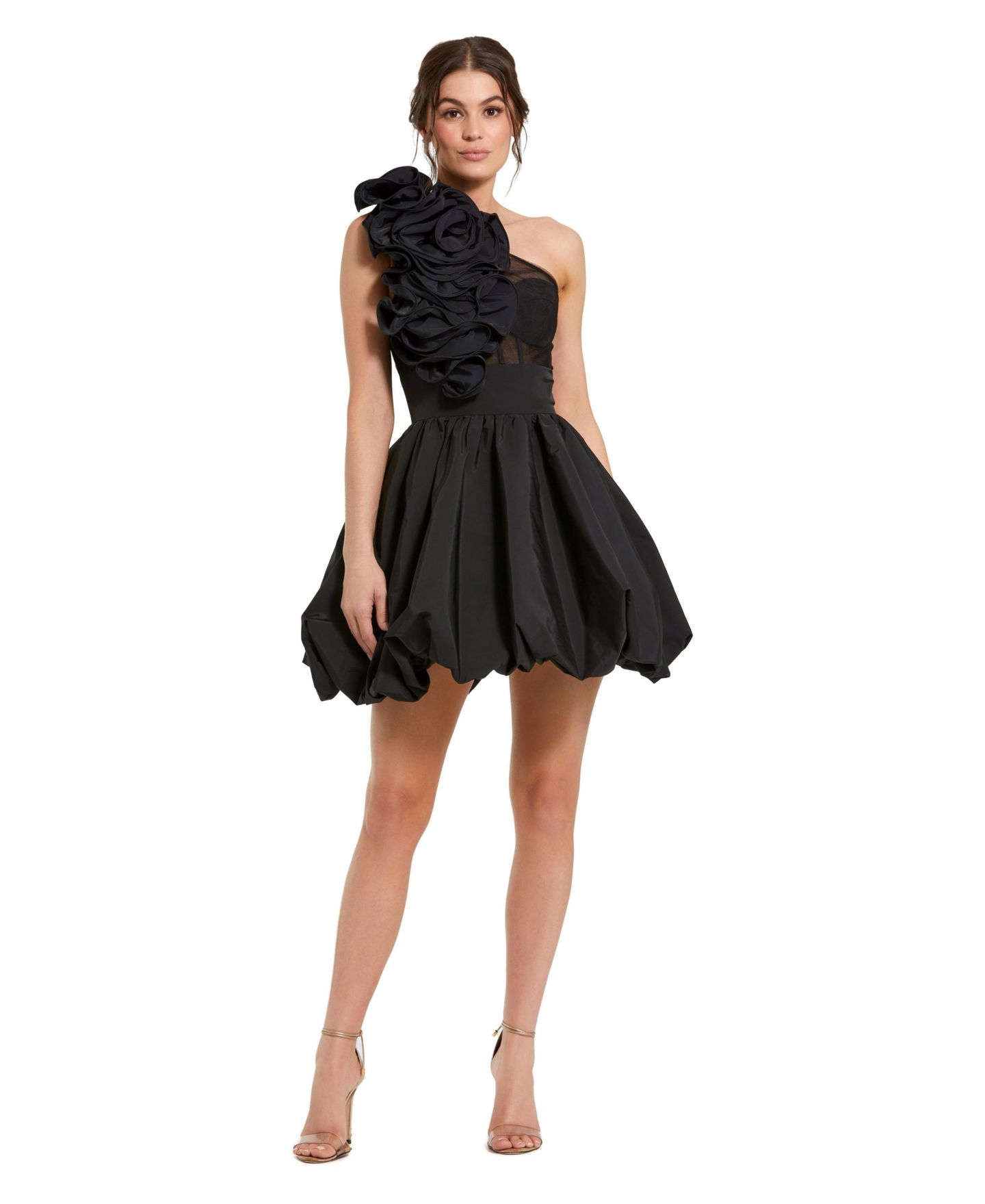 Женское платье Mac Duggal Taffeta One Shoulder Ruffle Bubble Mini, цвет: Чёрный — фото 1