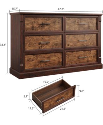 Rustic Farmhouse 6-Drawer Dresser, Large Wood Chest with Metal Handles, Double Dresser and TV Stand for Bedroom or Nursery, Brown