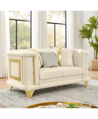 69" Velvet Loveseat Sofa, Gold Trim, Tufted, Pillows, Beige