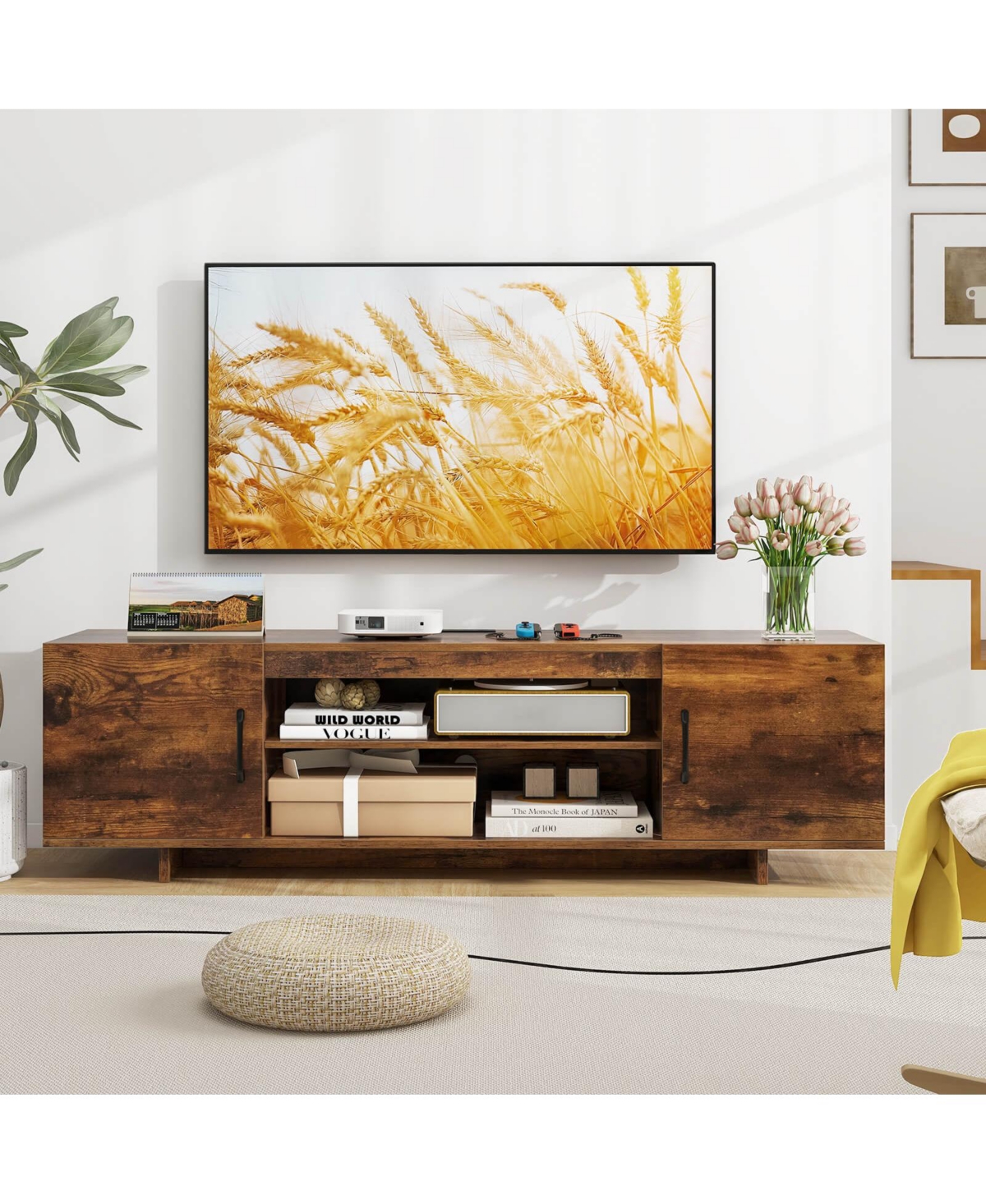 Costway Tv Stand for 70" TVs Modern Entertain Center with Power Outlet & 2 Cable Holes