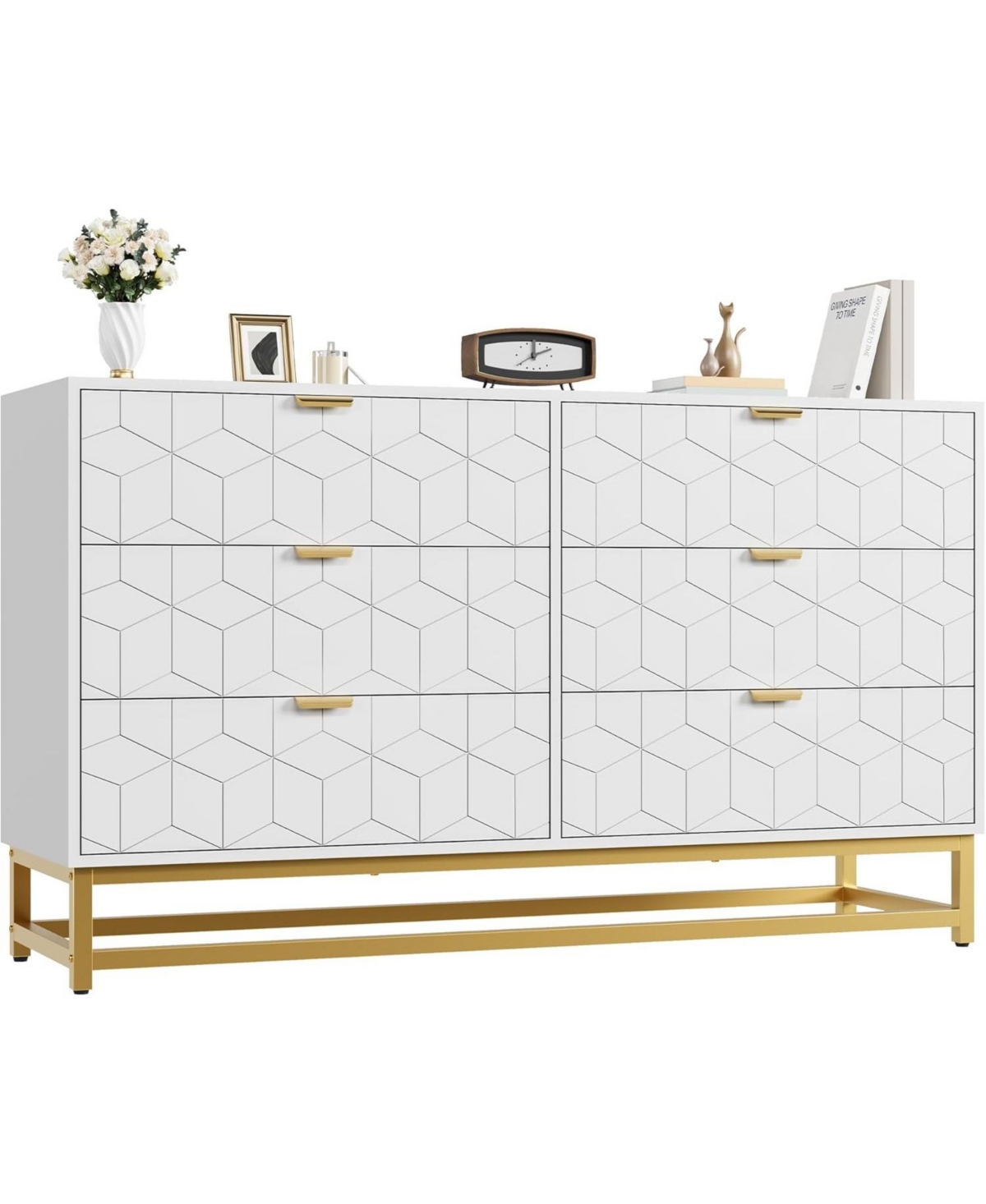 gaomon 53.5" Wide Modern 6 Drawer Dresser, Chest with Gold Metal Legs & Handles, Wood Storage Organizer for Bedroom, Living Room, Hallway