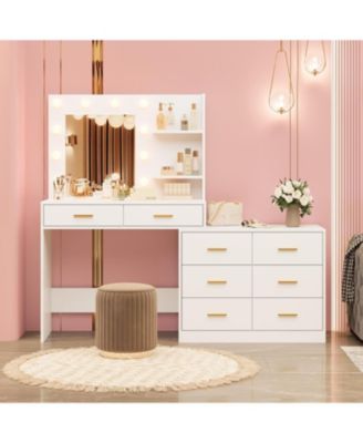 61" Vanity Desk with Mirror and Lights, 8 Drawers & 2 Shelves, 3 Lighting Modes, Makeup Vanity with Adjustable Brightness for Bedroom