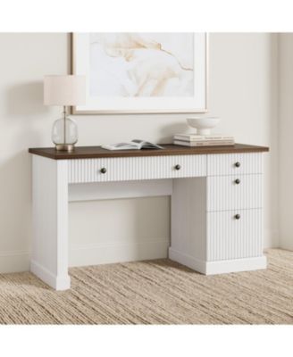 54" Fluted Executive Desk with Charging Station, Modern Home Office Writing Desk with File Drawers and Cabinet Storage
