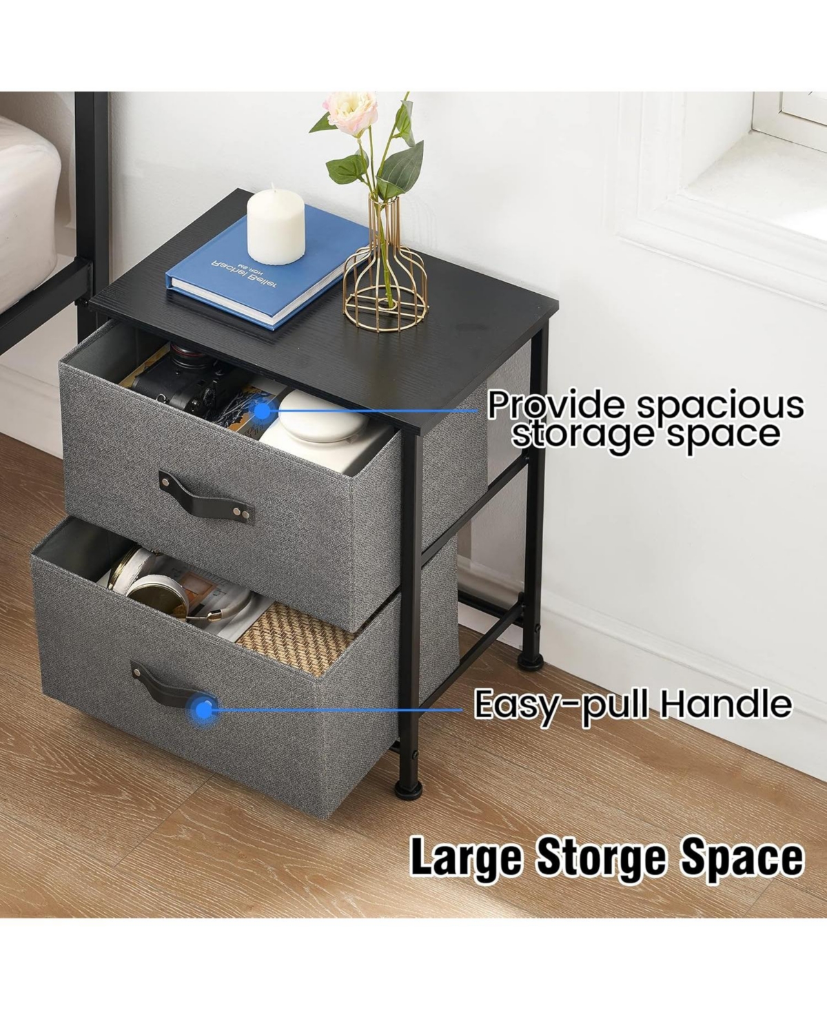 gaomon 2 Drawer Dresser Nightstand, Black Small Bedside Table with Fabric Drawers, End Table for Bedroom, Living Room, Dorm