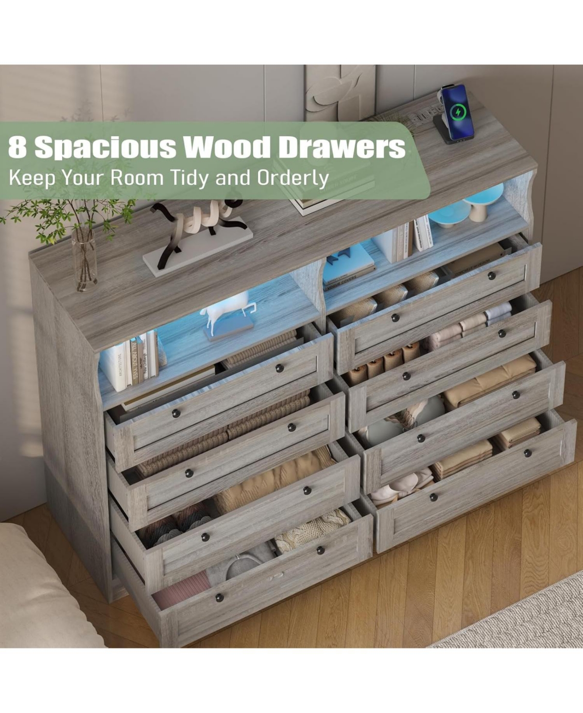 Gaomon 8 Drawers Wooden Dressers with Led Lights and Power Outlet for Bedroom