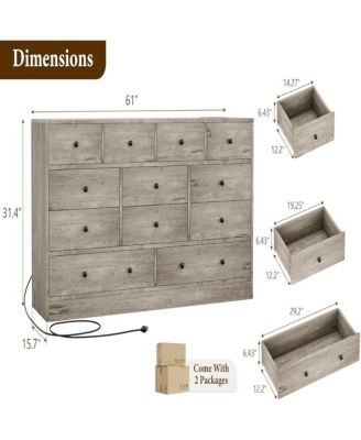 12 Drawer Dresser for Bedroom, 61 in Long Modern Grey Dresser TV Stand with Charging Station