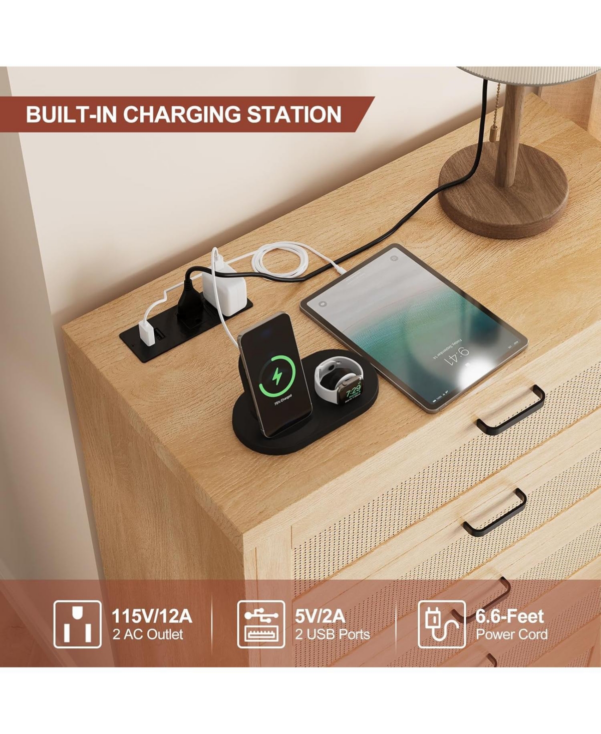 Gaomon Tall Rattan Dresser 5 Drawer Chest Modern Wooden Storage Cabinet with Wide Top for Bedroom Living Room Hallway Entryway