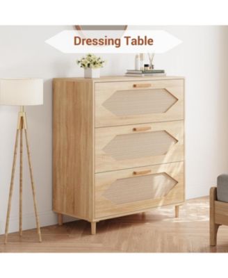 3 Drawer Rattan Dresser for Bedroom, Rattan Modern Dresser Wood Chest of Drawers, Wooden Storage Cabinets for Bedrooms