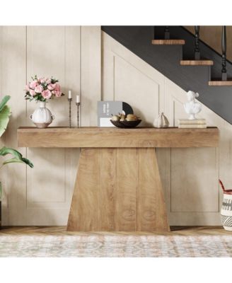 63" Console Table, Farmhouse Entryway Table with Trapezoidal Base, Narrow Long Wood Sofa Table