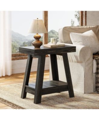 2-Tier Wooden End Table, Farmhouse Small Sofa Side Table with Storage, Rustic Grey