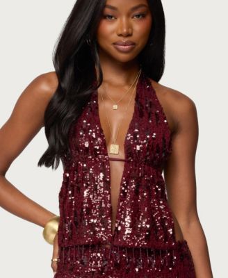 Women's Dalis Fringed Sequin Split Front Top
