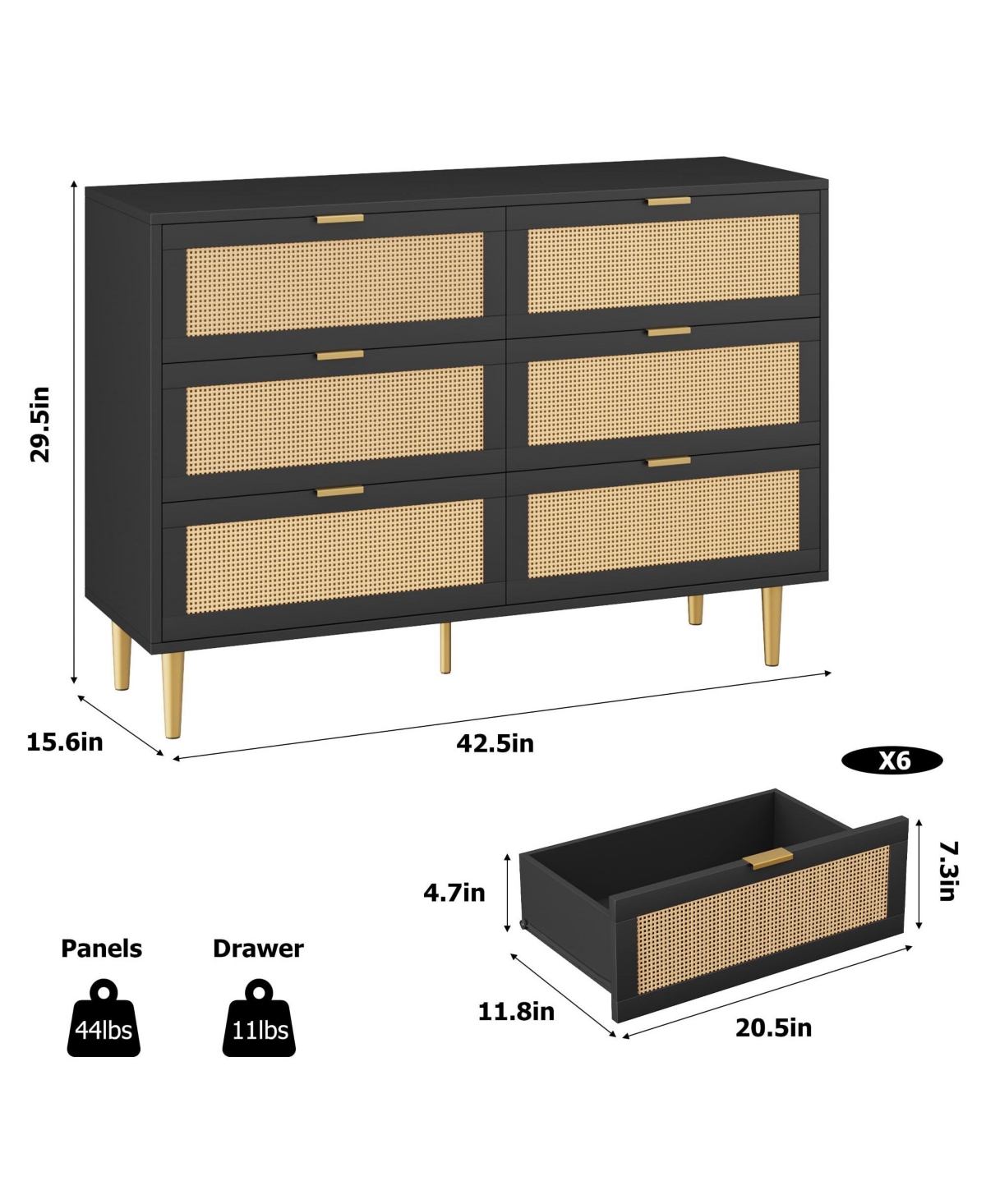 gaomon Natural Rattan 6 Drawer Dresser for Bedroom, Chest of Drawers with Gold Legs and Gold Handles, Wide Double Dresser