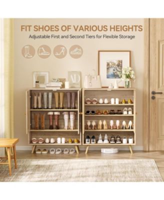 Rattan Shoe Cabinet with Doors, 4-Tier Entryway Shoe Organizer with Woven Rattan Panels and Adjustable Shelves for Hallway or Living Room