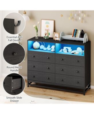 6-Drawer Wide Bedroom Dresser with Charging Station and LED Lights, Modern Large Capacity Storage Cabinet, Pink