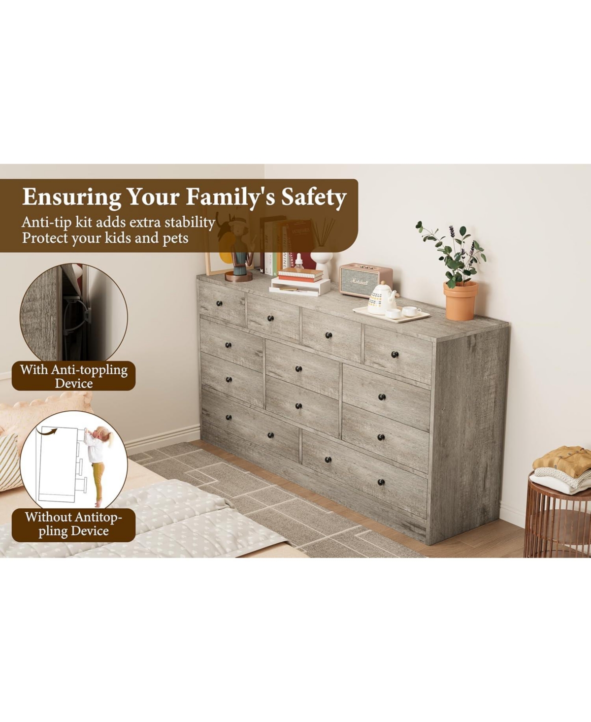 gaomon 12-Drawer Bedroom Dresser, Wood Storage Chest with Power Outlet, Large 61" Wide Organizer for Bedroom, Hallway, Living Room