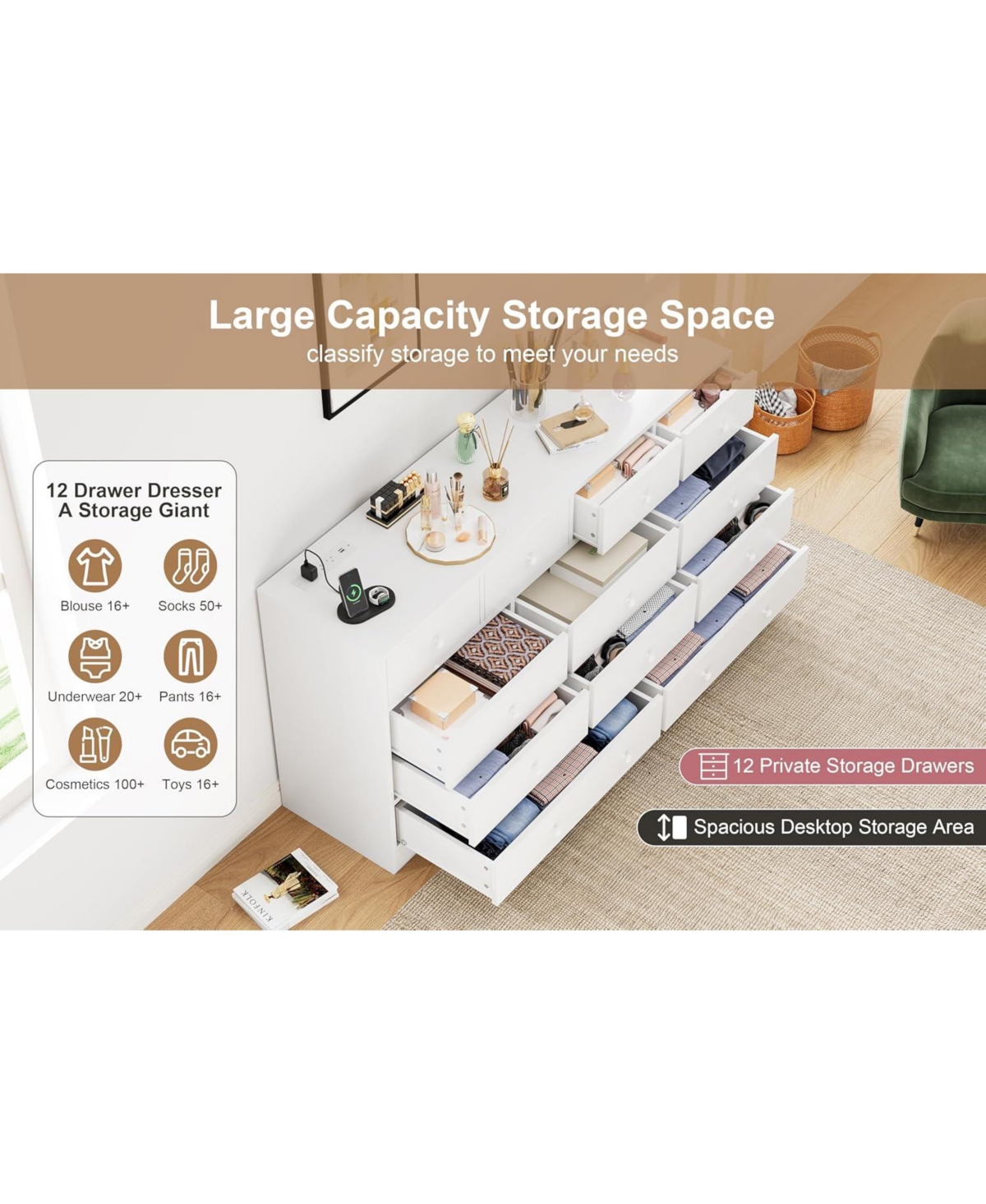 gaomon 12-Drawer Bedroom Dresser, Wood Storage Chest with Power Outlet, Large 61" Wide Organizer for Bedroom, Hallway, Living Room