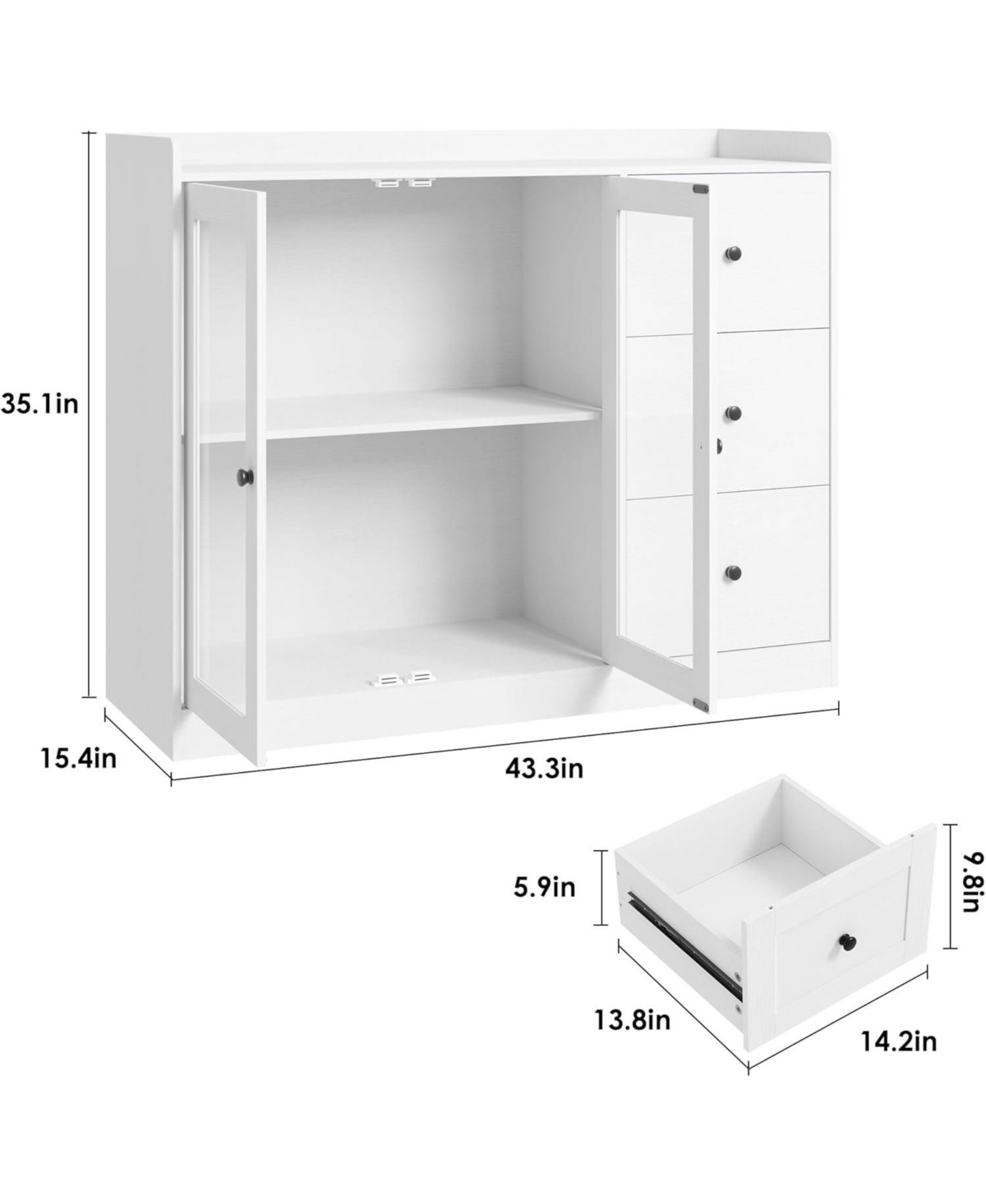 Gaomon 43" Modern Buffet Cabinet with Storage, Sideboard Kitchen Cabinet with Guardrail, Adjustable Shelves & 3 Drawers, Wood Buffet Table