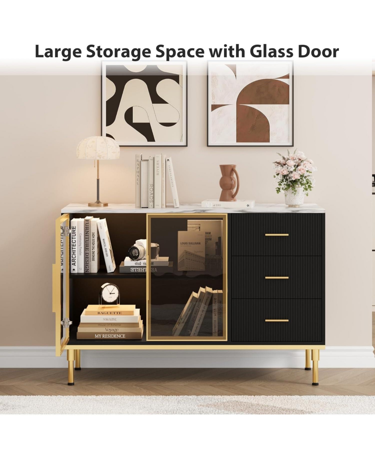 Gaomon 46.4" Fluted Buffet Sideboard Cabinet, Large Kitchen Storage with 2 Glass Doors, 3 Drawers & Shelves, Faux Marble Top Table