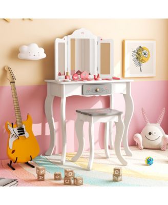MDF Wood Tri-Folding Acrylic Mirror, Removable Mirror, Anti-Tip Safety, Includes Accessories Kids Vanity Set
