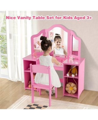 Kids Vanity 2 in 1 Princess Makeup Desk & Chair Set Safe Tri-fold Mirror
