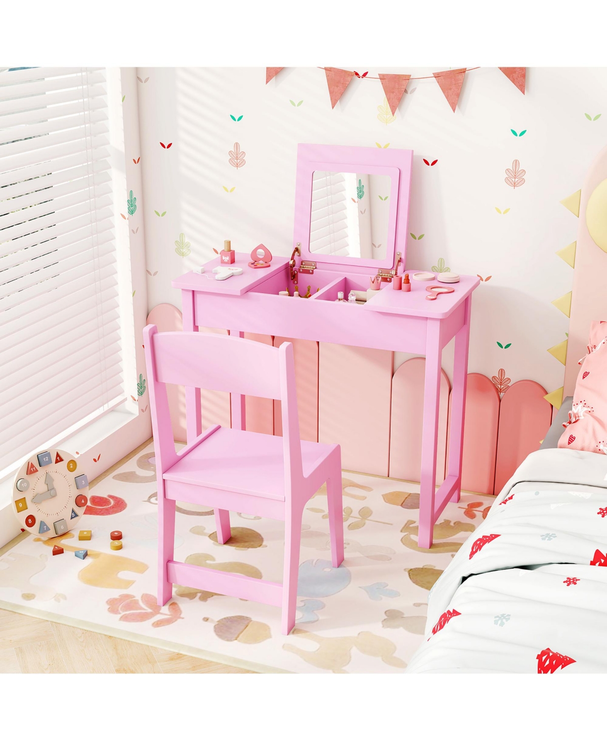 Gymax Kids Vanity Table & Chair Set 2-in-1 Princess Makeup Dressing Desk