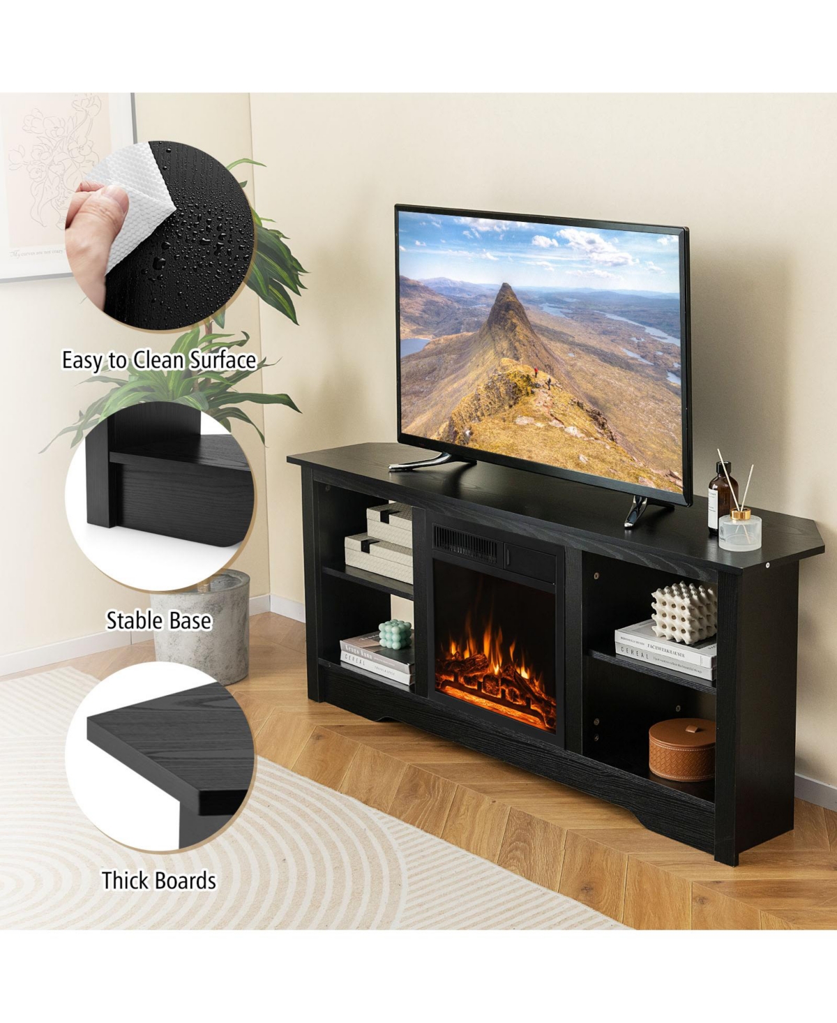 Gymax 58'' Fireplace Tv Stand w/ 18'' 1500W Electric Fireplace Adjustable Brightness